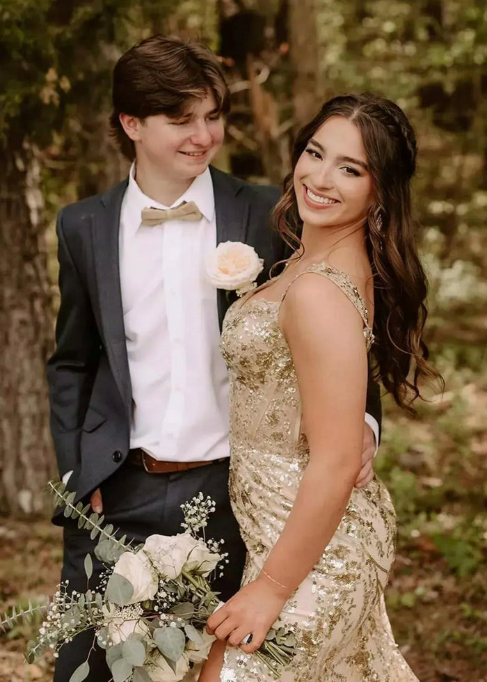 Cynthia | Off the Shoulder Gold Mermaid Sequin Corset Prom Dress with Slit - Gold - PromDressClub