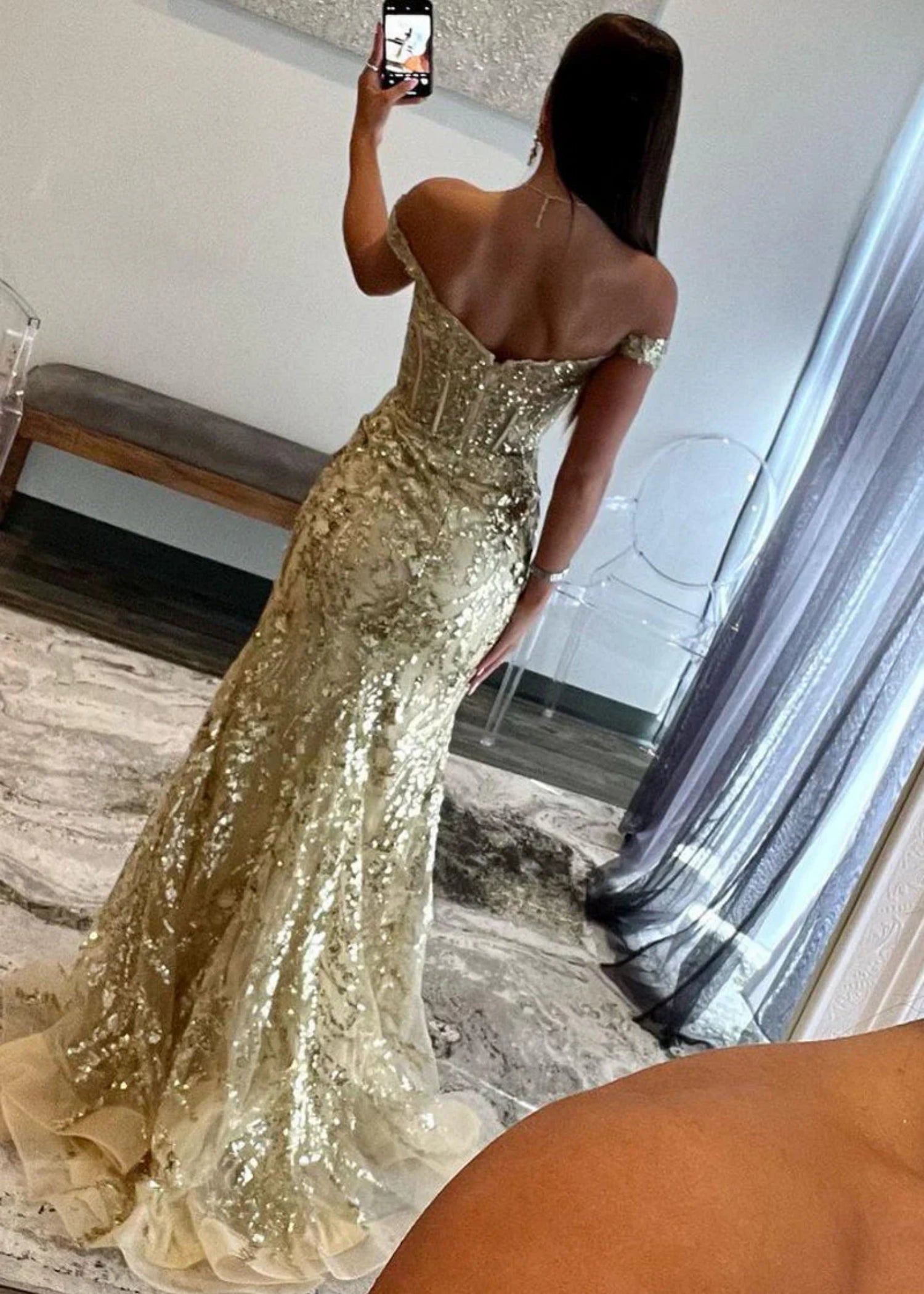 Cynthia | Off the Shoulder Gold Mermaid Sequin Corset Prom Dress with Slit - Gold - PromDressClub