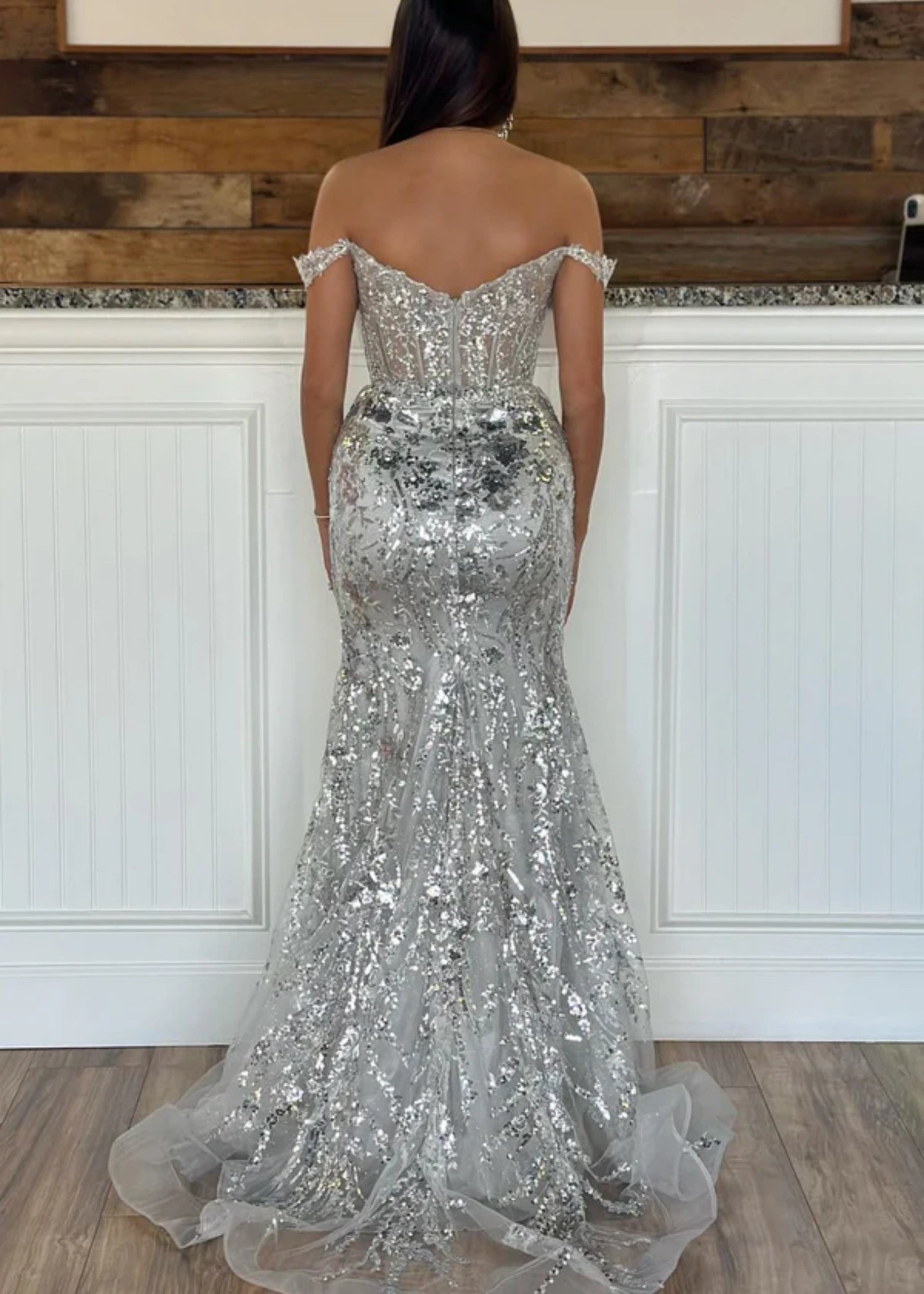 Cynthia | Off the Shoulder Gold Mermaid Sequin Corset Prom Dress with Slit - Silver - PromDressClub