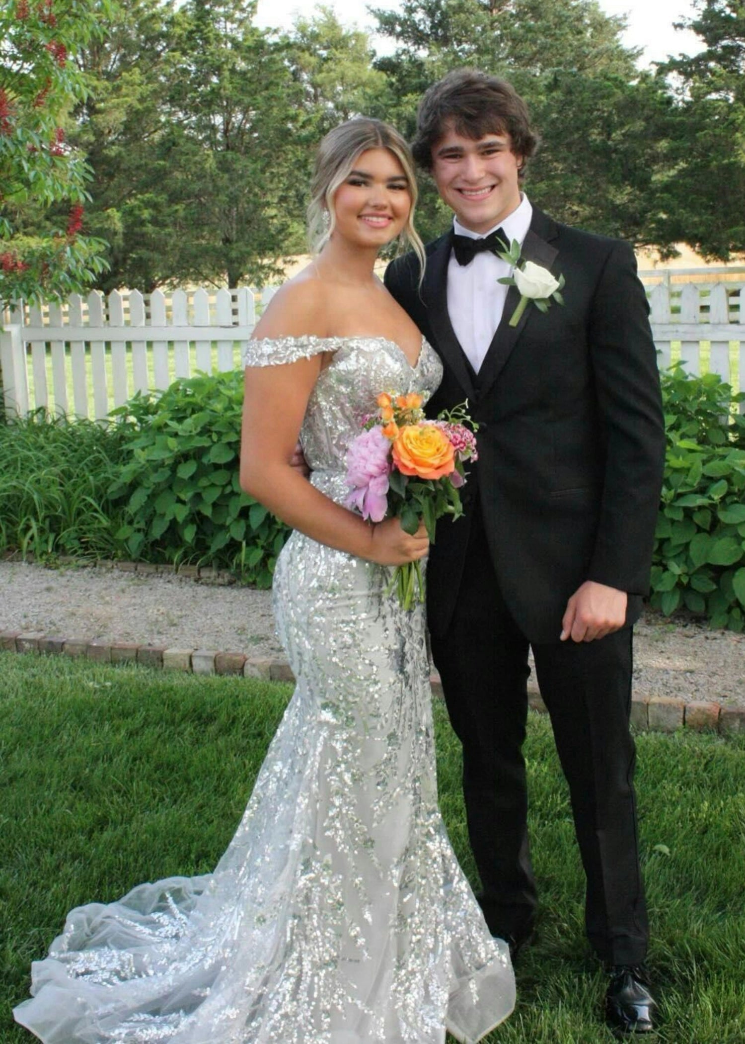 Cynthia | Off the Shoulder Gold Mermaid Sequin Corset Prom Dress with Slit - Silver - PromDressClub