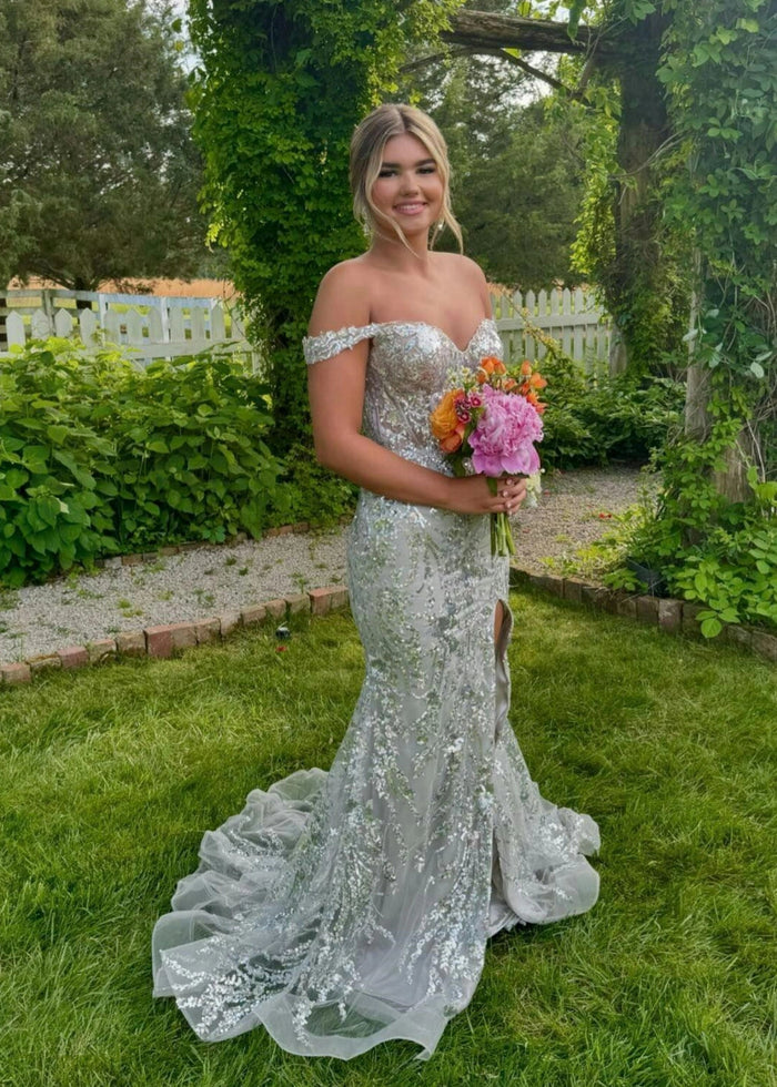 Cynthia | Off the Shoulder Gold Mermaid Sequin Corset Prom Dress with Slit - Silver - PromDressClub