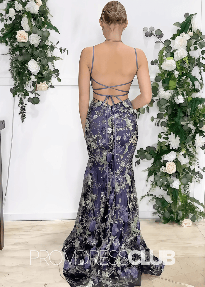 Cynthia |Navy Blue Prom Dress Long Mermaid Spaghetti Straps with Sparkly Appliques - Navy Floral - PromDressClub
