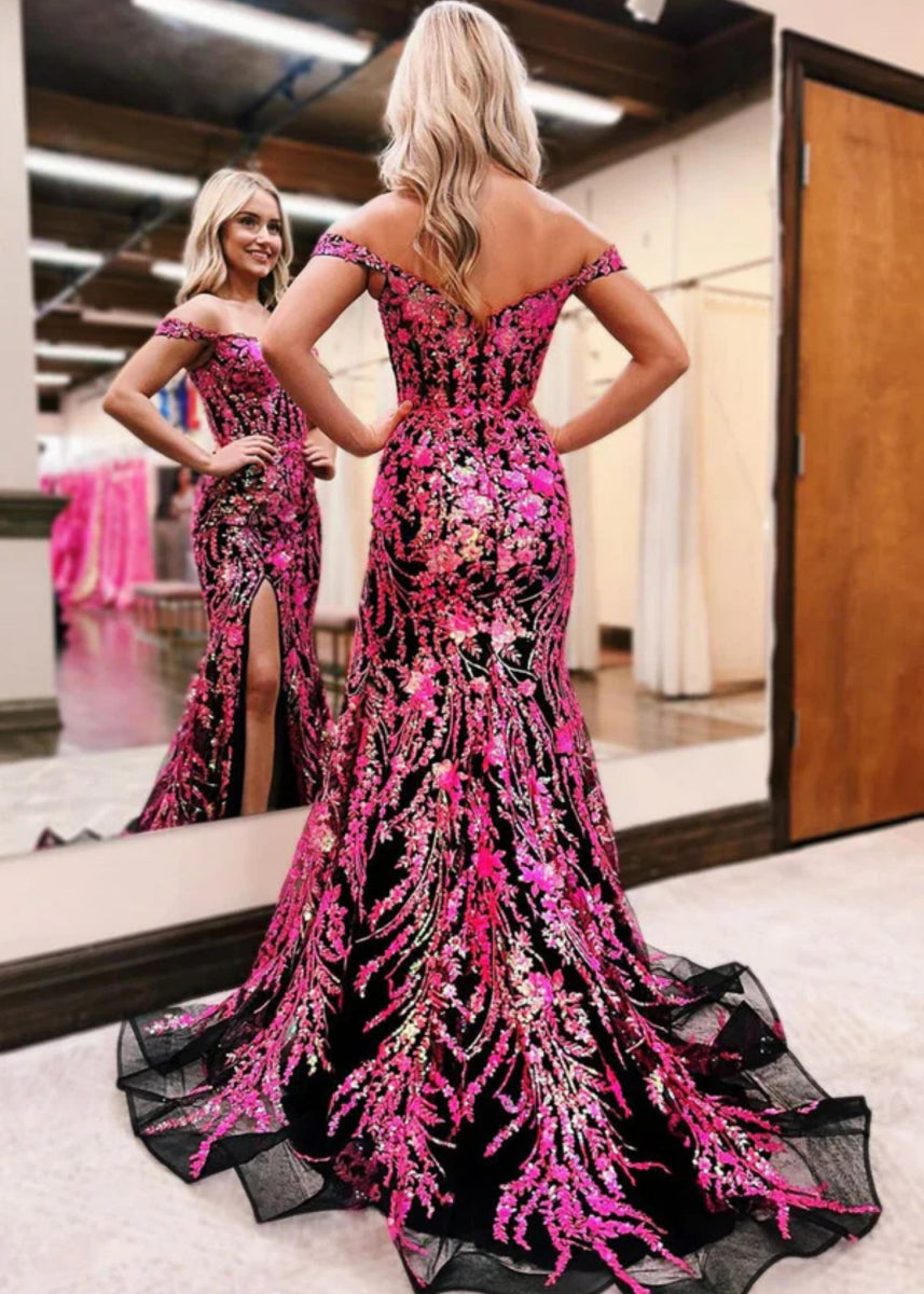 Cynthia | Off the Shoulder Gold Mermaid Sequin Corset Prom Dress with Slit - Black Fuchsia - PromDressClub