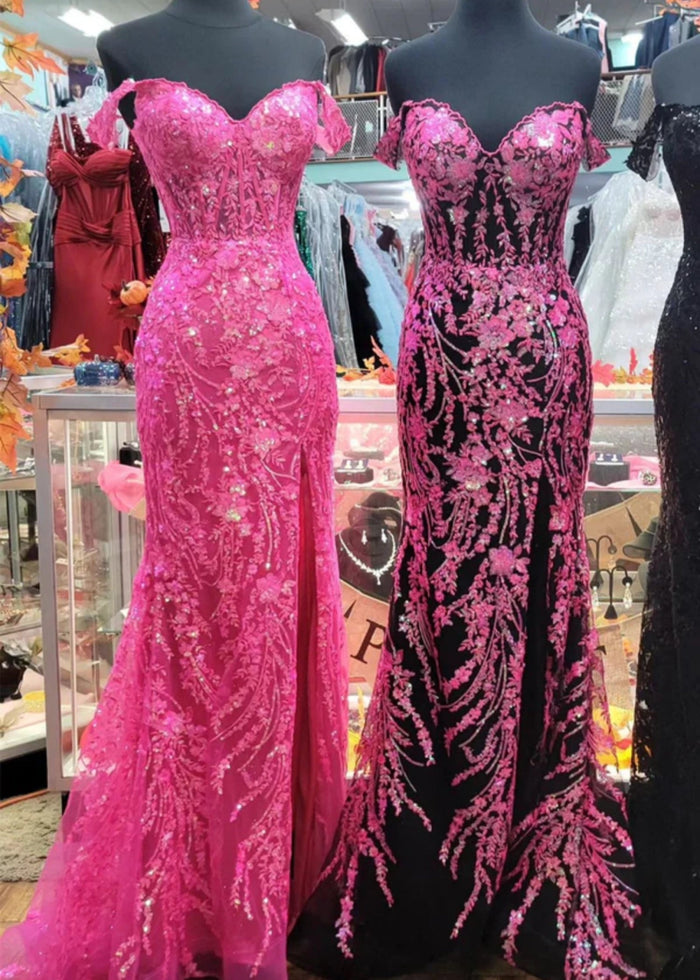 Cynthia | Off the Shoulder Gold Mermaid Sequin Corset Prom Dress with Slit - Dusty Blue - PromDressClub