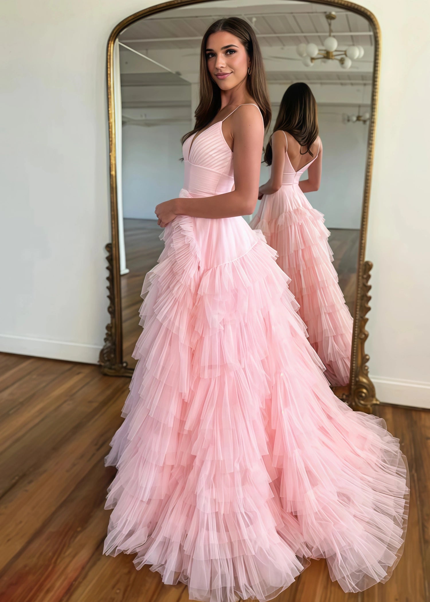 Isabel | A Line Hot Pink Ruffle Spaghetti Strap Corset Tulle Formal Dress with Slit - Light Pink - PromDressClub