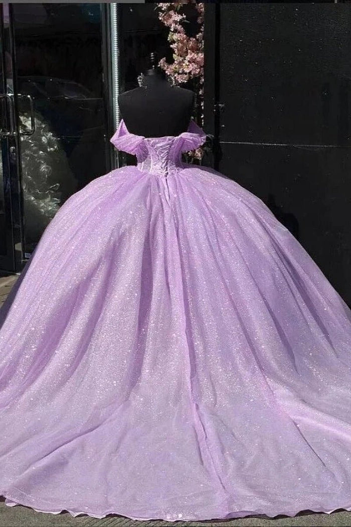 Dahlia | Stunning Pink and Purple Quinceanera Dresses - Sparkling Off the Shoulder Ball Gown - Lilac - PromDressClub
