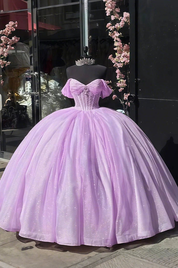 Dahlia | Stunning Pink and Purple Quinceanera Dresses - Sparkling Off the Shoulder Ball Gown - Lilac - PromDressClub