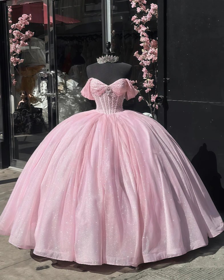 Dahlia | Stunning Pink and Purple Quinceanera Dresses - Sparkling Off the Shoulder Ball Gown - Pink - PromDressClub