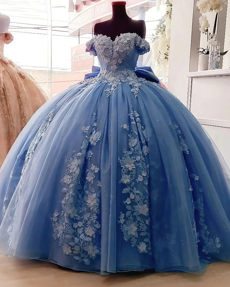 Daisy | Dusty Blue Quinceanera Dresses with Flowers - Elegant Off the Shoulder Gown for Special Occasions - Dusty Blue - PromDressClub