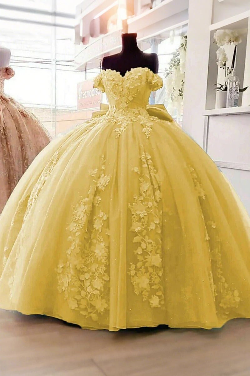 Daisy | Dusty Blue Quinceanera Dresses with Flowers - Elegant Off the Shoulder Gown for Special Occasions - Yellow - PromDressClub