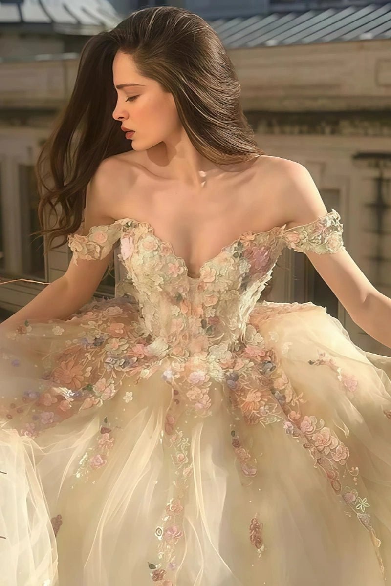 Dana | Champagne Off the Shoulder Floral Quinceanera Dresses - Champagne - PromDressClub