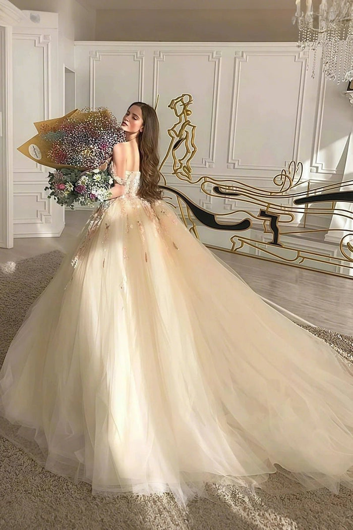 Dana | Champagne Off the Shoulder Floral Quinceanera Dresses - Champagne - PromDressClub