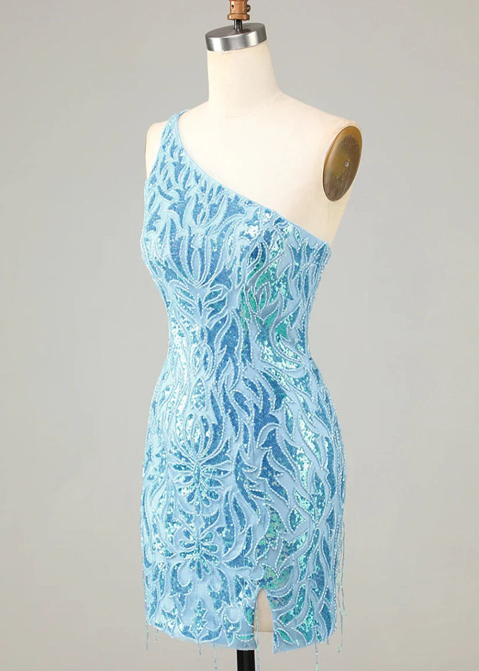 Danicael | Beaded 1 Shoulder Homecoming Dress for Unforgettable Nights - Discover Your Dream Look! - Light Blue - PromDressClub