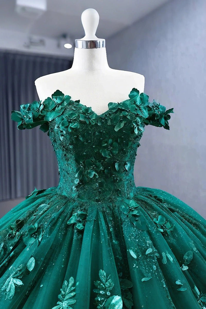 Daniela | Stunning Dark Green Flower Quinceanera Dresses - Off the Shoulder Sparkling Gown - Dark Green - PromDressClub