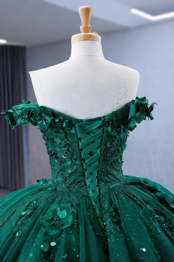 Daniela | Stunning Dark Green Flower Quinceanera Dresses - Off the Shoulder Sparkling Gown - Dark Green - PromDressClub