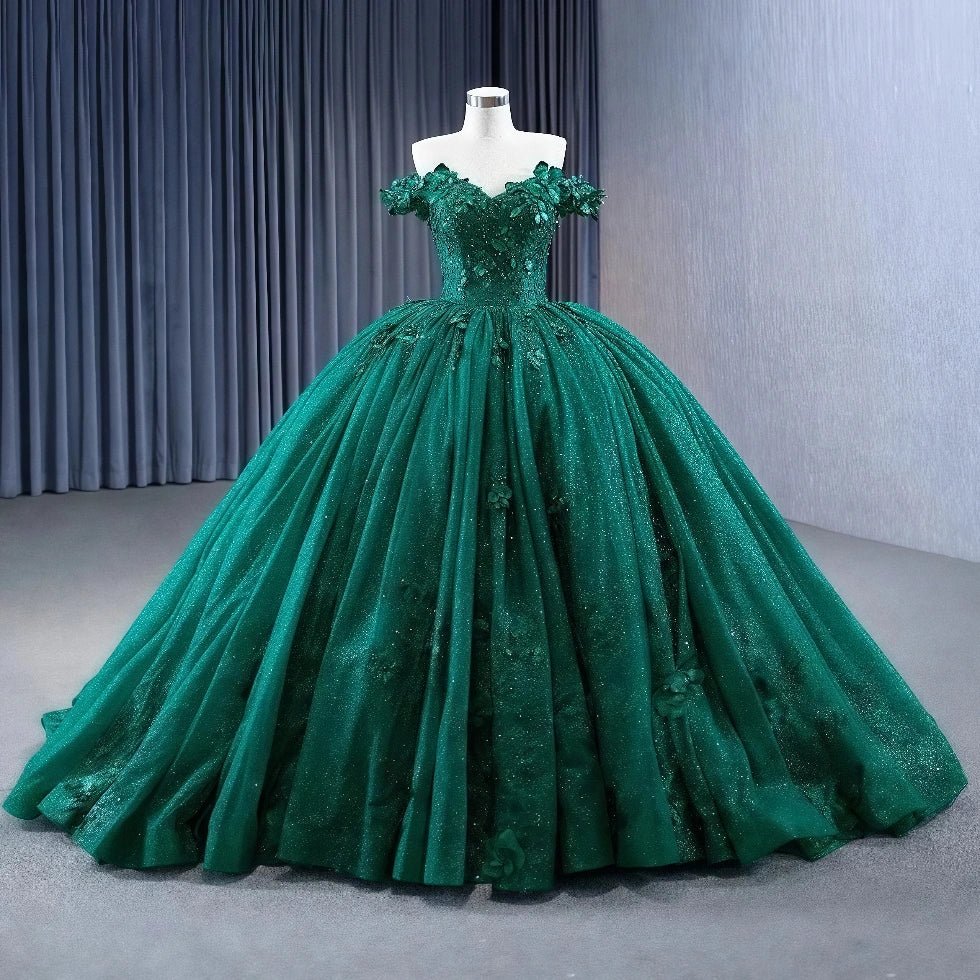 Daniela | Stunning Dark Green Flower Quinceanera Dresses - Off the Shoulder Sparkling Gown - Dark Green - PromDressClub