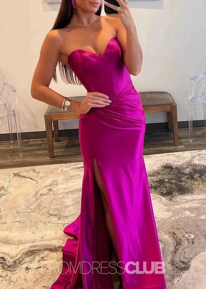 Daphne |Long Gold Prom Dress Satin With Mermaid Sweetheart Pleated Slit - Fuchsia - PromDressClub