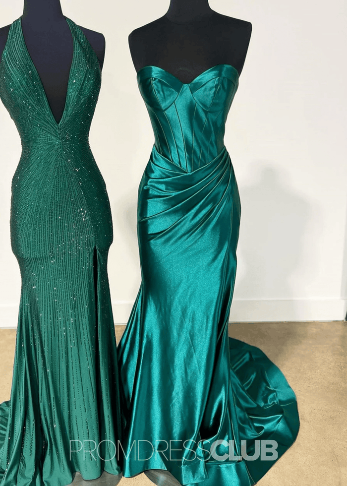 Daphne |Long Gold Prom Dress Satin With Mermaid Sweetheart Pleated Slit - Green - PromDressClub