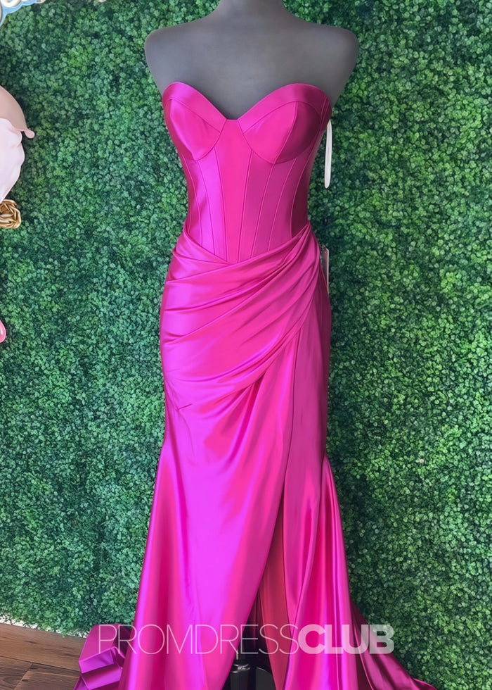 Daphne |Long Gold Prom Dress Satin With Mermaid Sweetheart Pleated Slit - Hot Pink - PromDressClub