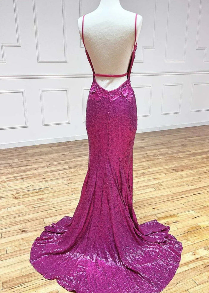 Daphne | Long Orange Prom Dress Sequins With Mermaid V Neck 3D Flower Slit - Fuchsia - PromDressClub