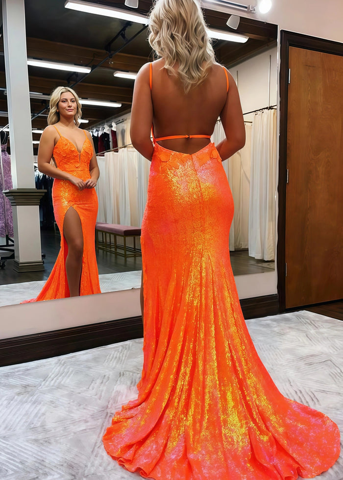Daphne | Long Orange Prom Dress Sequins With Mermaid V Neck 3D Flower Slit - Orange - PromDressClub