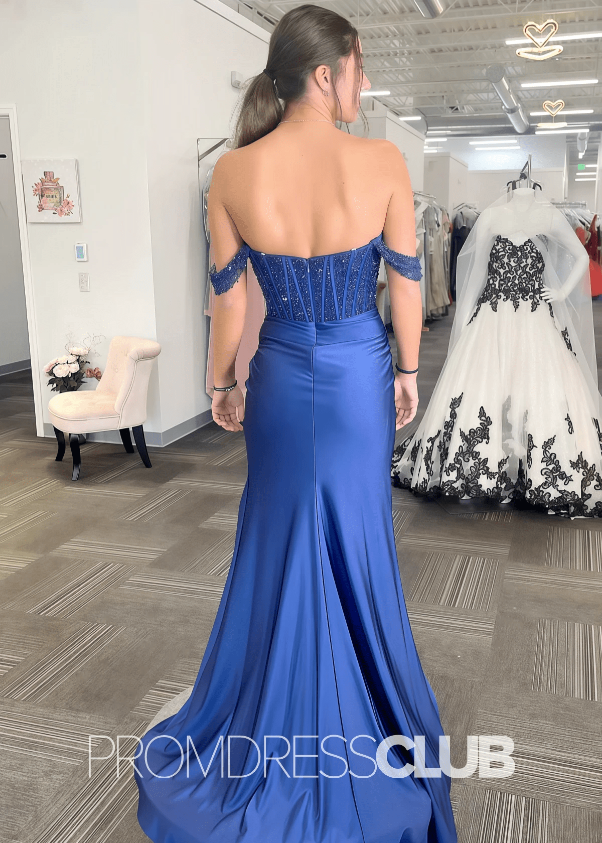 Dawn |Navy Blue Prom Dress Long Mermaid Sparkly Corset Off The Shoulder with Slit - Navy Blue - PromDressClub