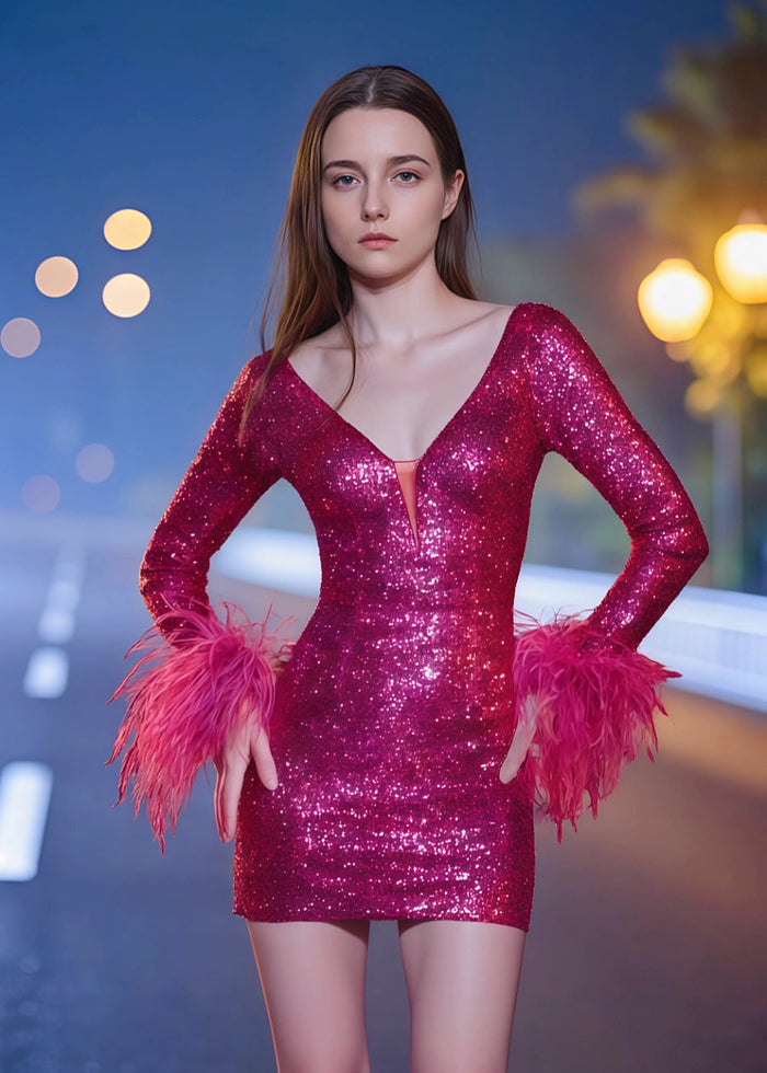 Dazzling Feather Cocktail Dress Long Sleeve: Homecoming Highlight - Fuchsia - PromDressClub