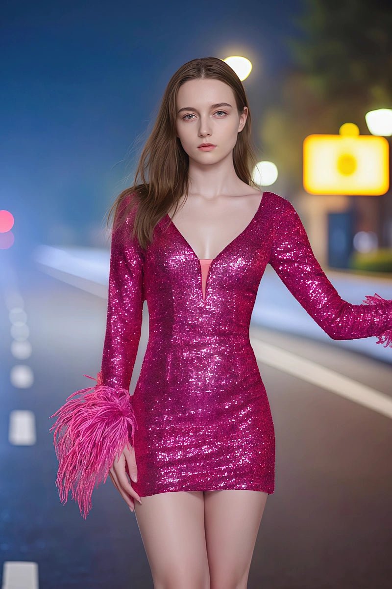 Dazzling Feather Cocktail Dress Long Sleeve: Homecoming Highlight - Fuchsia - PromDressClub