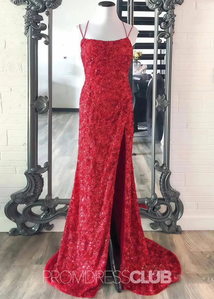 Deborah |Long Hot Pink Prom Dress Sequins With Meimaid Spaghetti Straps Slit - Red - PromDressClub