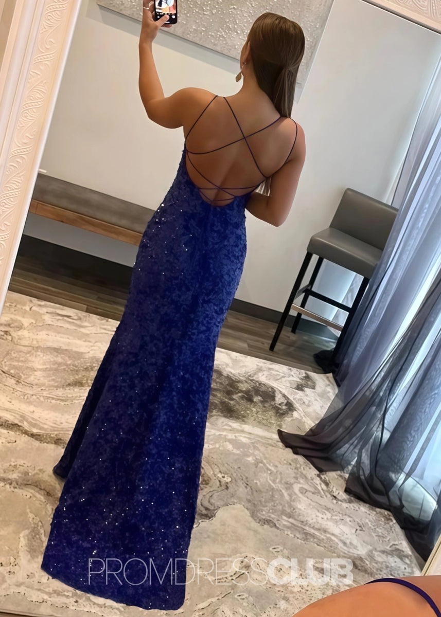 Deborah |Long Hot Pink Prom Dress Sequins With Meimaid Spaghetti Straps Slit - Royal Blue - PromDressClub