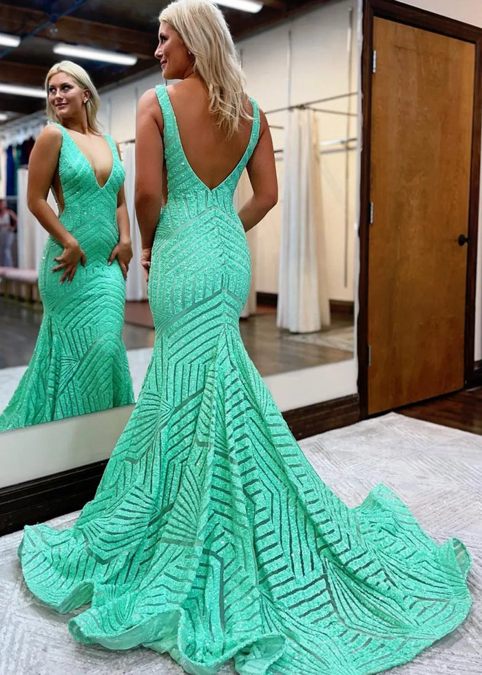 Joyce | Trumpet/Mermaid V Neck Orange White Sequin Prom Dress with Train - Emerald Green - PromDressClub
