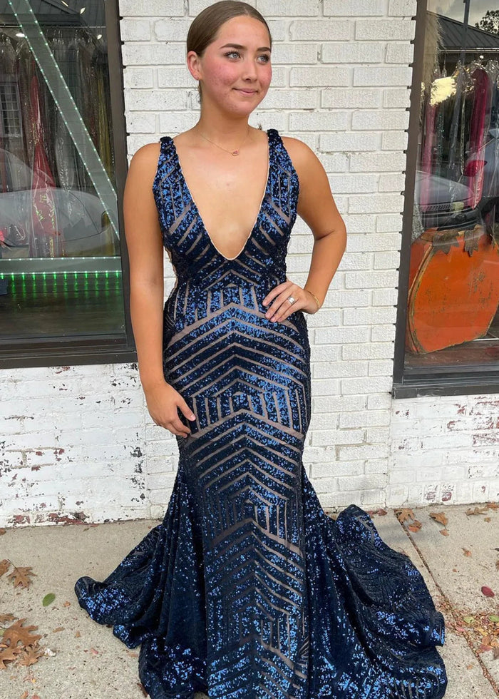 Joyce | Trumpet/Mermaid V Neck Orange White Sequin Prom Dress with Train - Navy Blue - PromDressClub