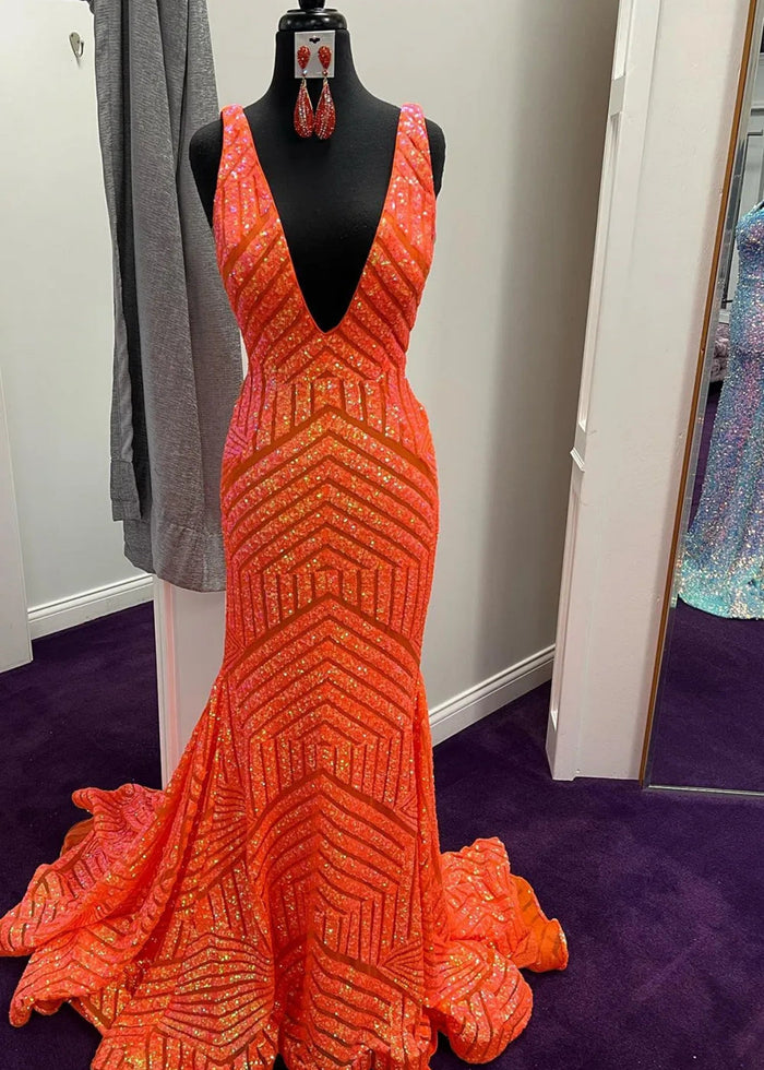 Joyce | Trumpet/Mermaid V Neck Orange White Sequin Prom Dress with Train - Orange - PromDressClub