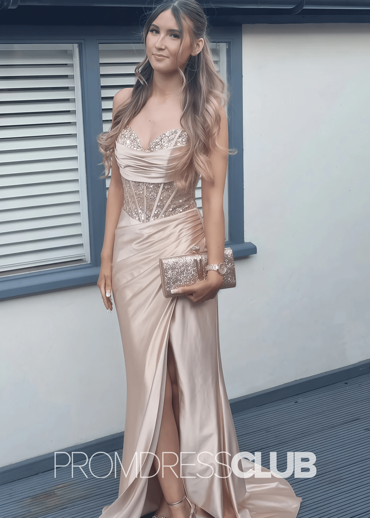 Deirdre |Royal Blue Prom Dresses Long Mermaid Sweetheart Sparkly Corset Pleated with Slit - Champagne - PromDressClub