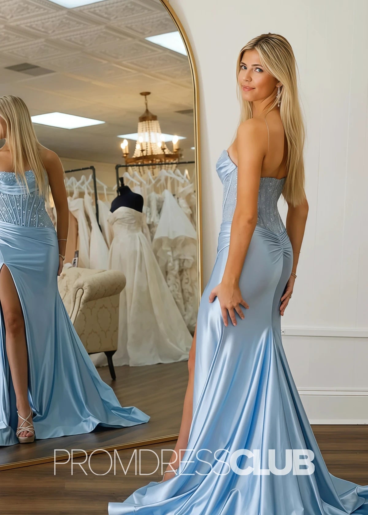 Delia |Blue Prom Dresses Long Mermaid Glitter Corset Beaded with Slit - Light Blue - PromDressClub