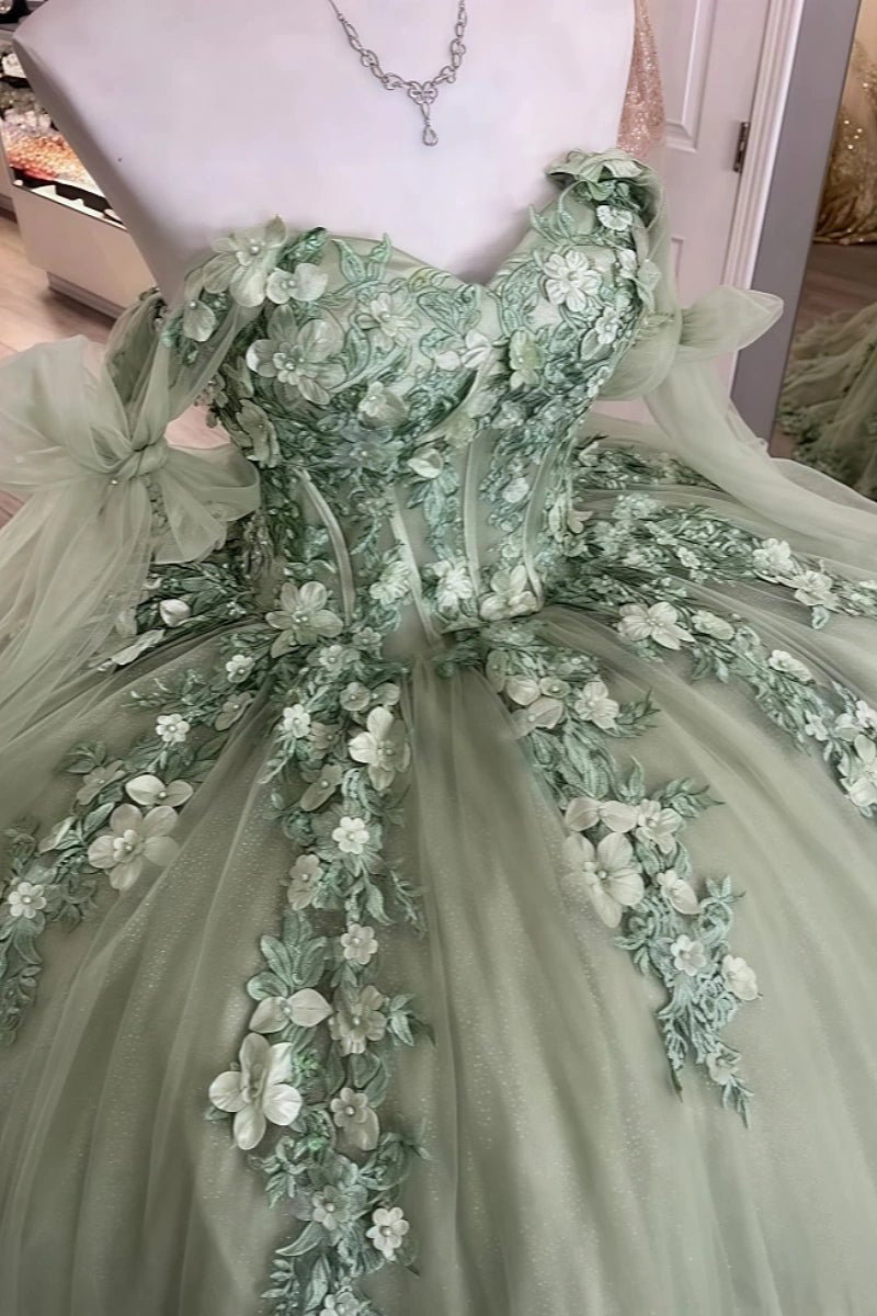 Delia | Sage Green Flower Quinceanera Dresses with Bows – Perfect for Memorable Celebrations - Sage - PromDressClub