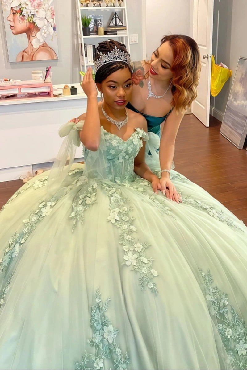 Delia | Sage Green Flower Quinceanera Dresses with Bows – Perfect for Memorable Celebrations - Sage - PromDressClub