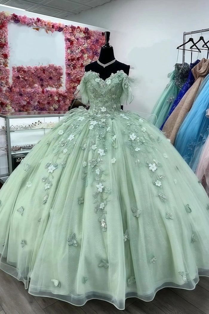 Delia | Sage Green Flower Quinceanera Dresses with Bows – Perfect for Memorable Celebrations - Sage - PromDressClub