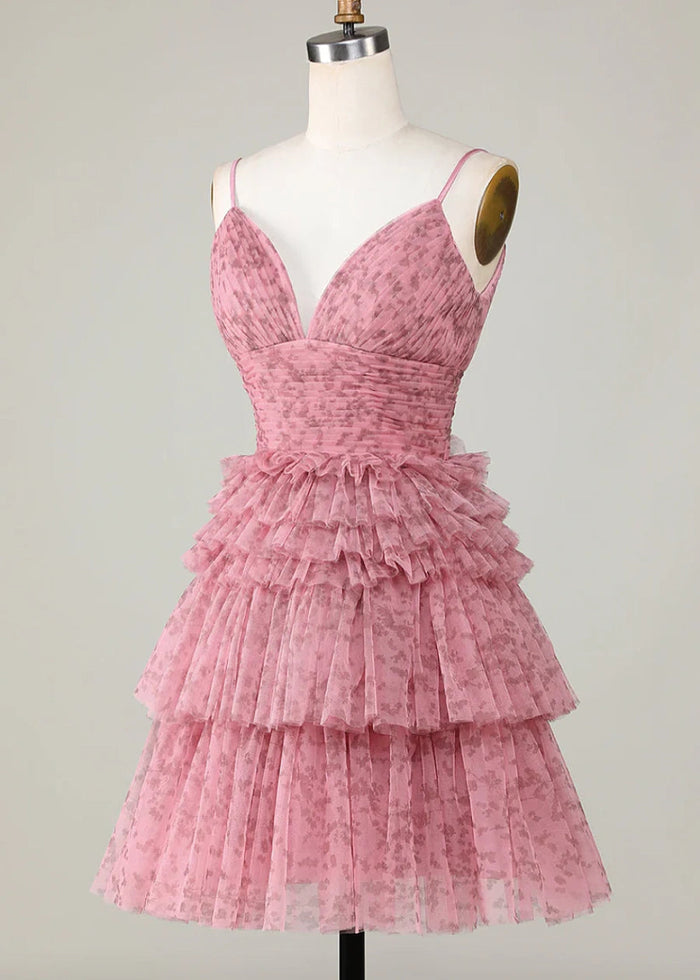 Demelza | Stunning Pink Homecoming Dress: V - Neck & Layered Ruffled Tulle - Blush Floral - PromDressClub