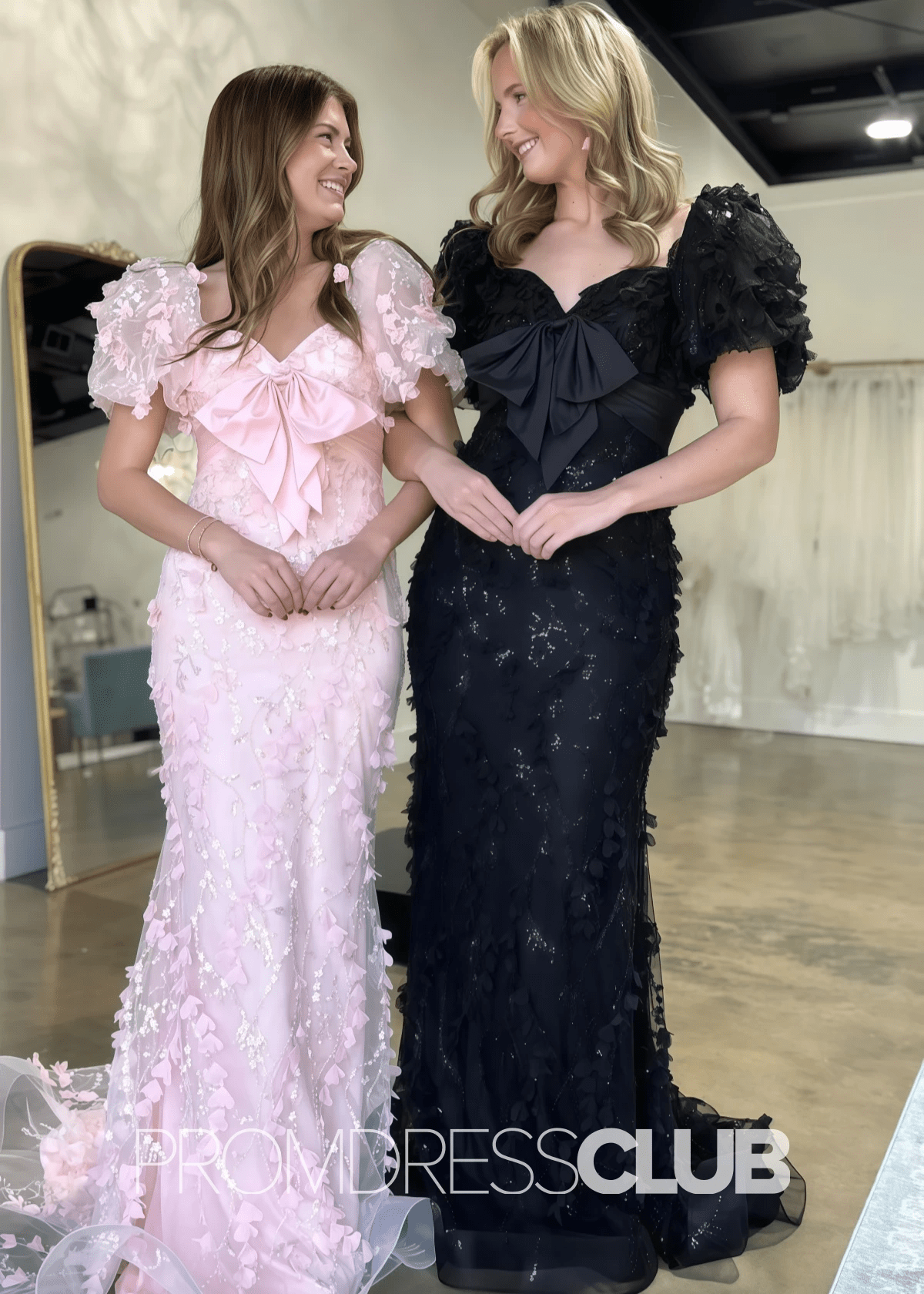 Denise |Blue Prom Dresses Long Mermaid Short Sleeves Appliques with Bow - Black - PromDressClub