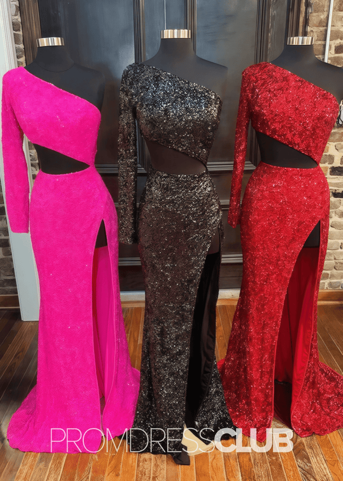 Denise |Long Red Prom Dress Sequins With Mermaid One Shoulder Silt - Price #price_variant_lowest# - Black - PromDressClub