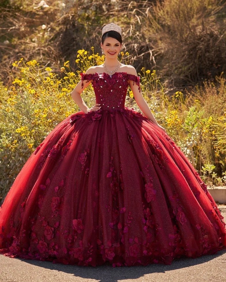 Desiree | Burgundy Flower Quinceanera Dresses Off the Shoulder : A Blend of Grace and Glamour - Burgundy - PromDressClub