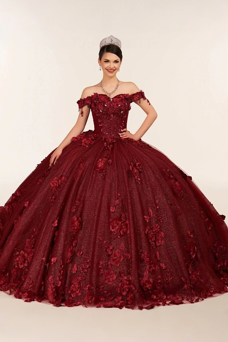 Desiree | Burgundy Flower Quinceanera Dresses Off the Shoulder : A Blend of Grace and Glamour - Burgundy - PromDressClub