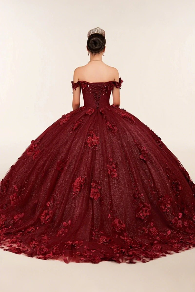 Desiree | Burgundy Flower Quinceanera Dresses Off the Shoulder : A Blend of Grace and Glamour - Burgundy - PromDressClub