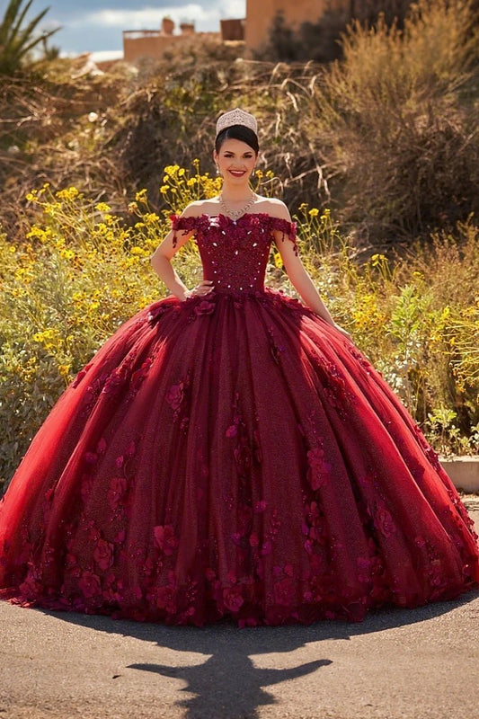 Desiree | Burgundy Flower Quinceanera Dresses Off the Shoulder : A Blend of Grace and Glamour - Burgundy - PromDressClub 800