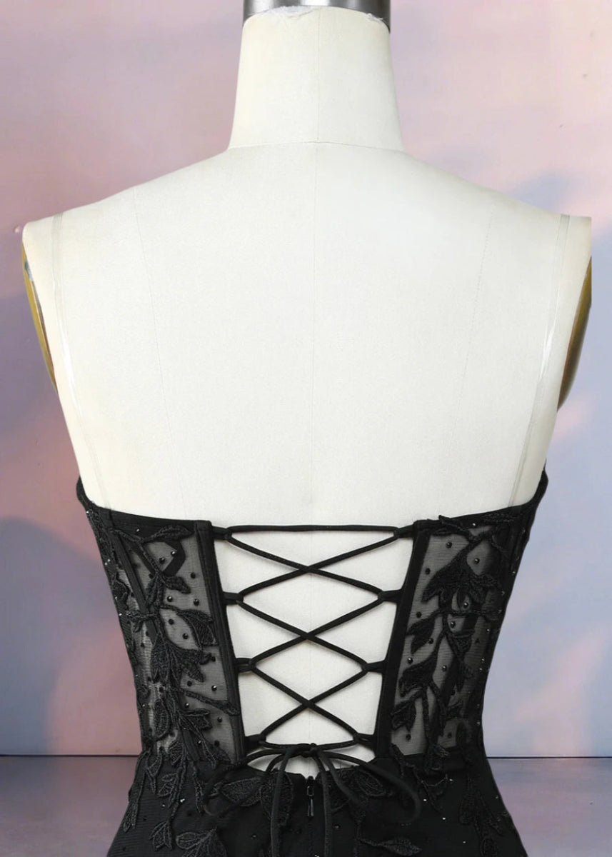 Despina | Dazzle in Black: Lace Short Strapless Homecoming Dress with Sparkling Details - Black - PromDressClub