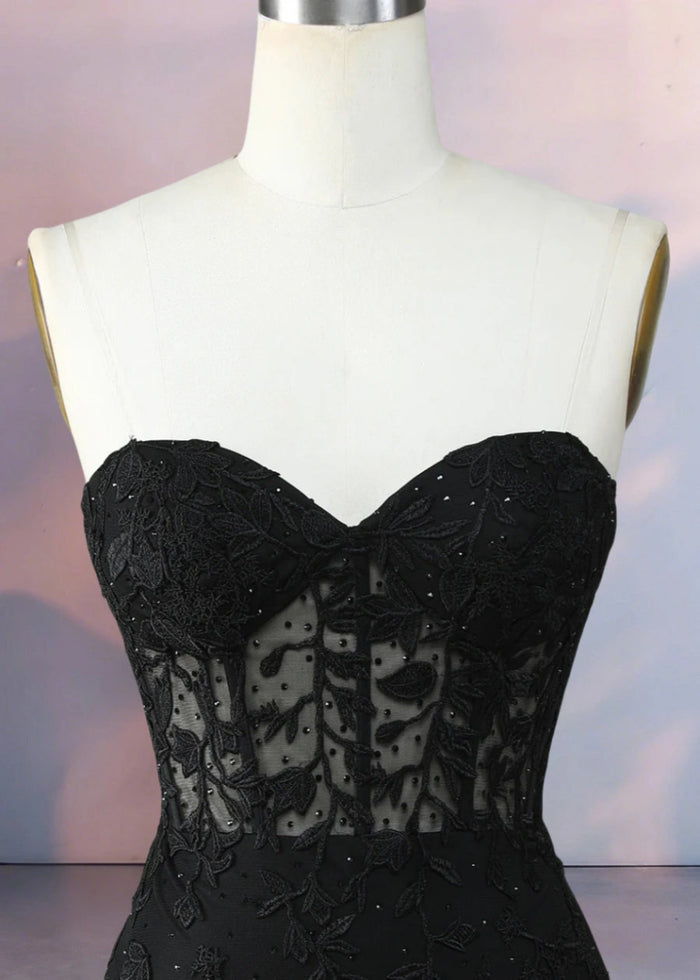 Despina | Dazzle in Black: Lace Short Strapless Homecoming Dress with Sparkling Details - Black - PromDressClub