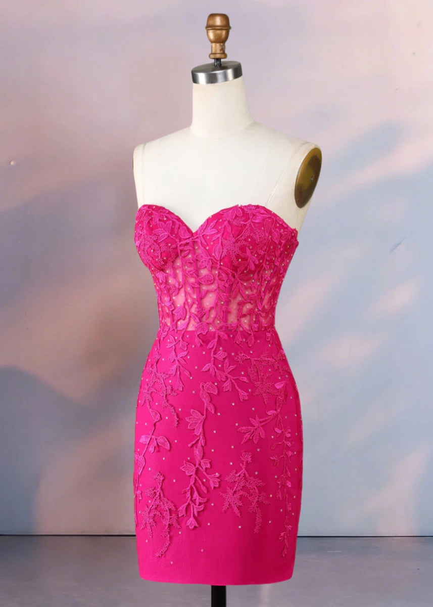 Despina | Dazzle in Black: Lace Short Strapless Homecoming Dress with Sparkling Details - Fuchsia - PromDressClub