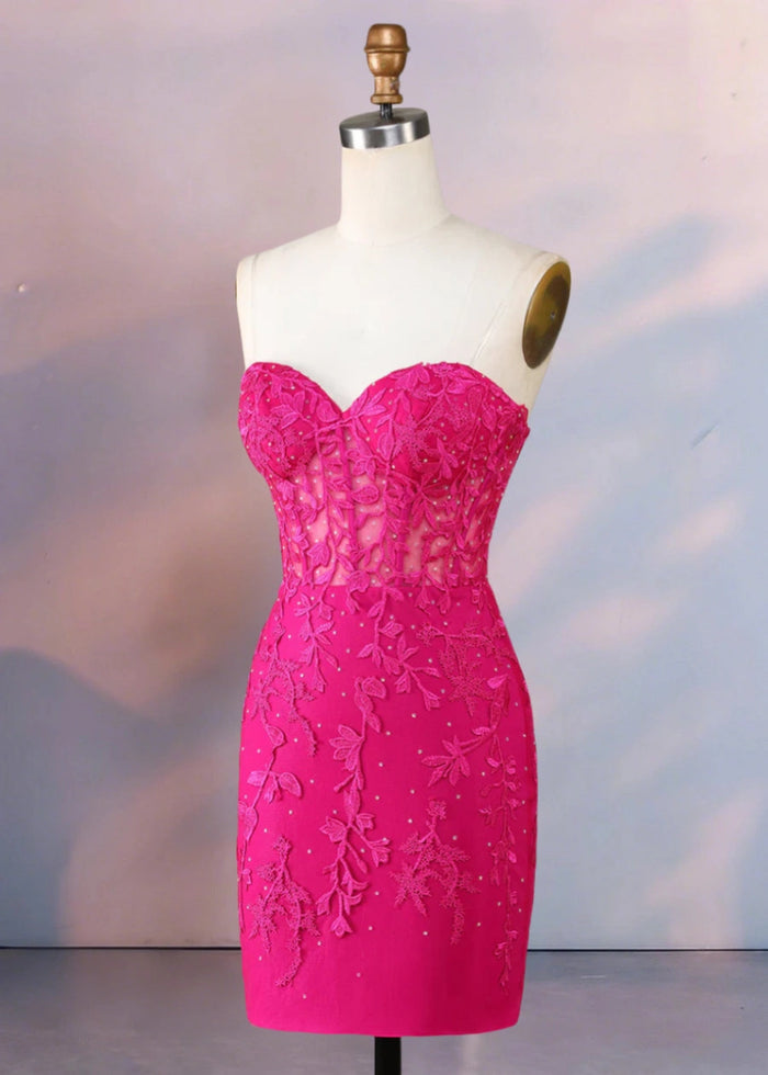 Despina | Dazzle in Black: Lace Short Strapless Homecoming Dress with Sparkling Details - Fuchsia - PromDressClub