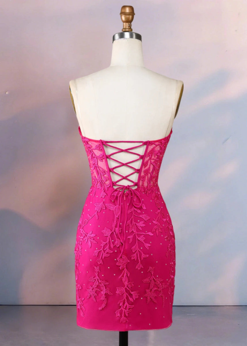 Despina | Dazzle in Black: Lace Short Strapless Homecoming Dress with Sparkling Details - Fuchsia - PromDressClub
